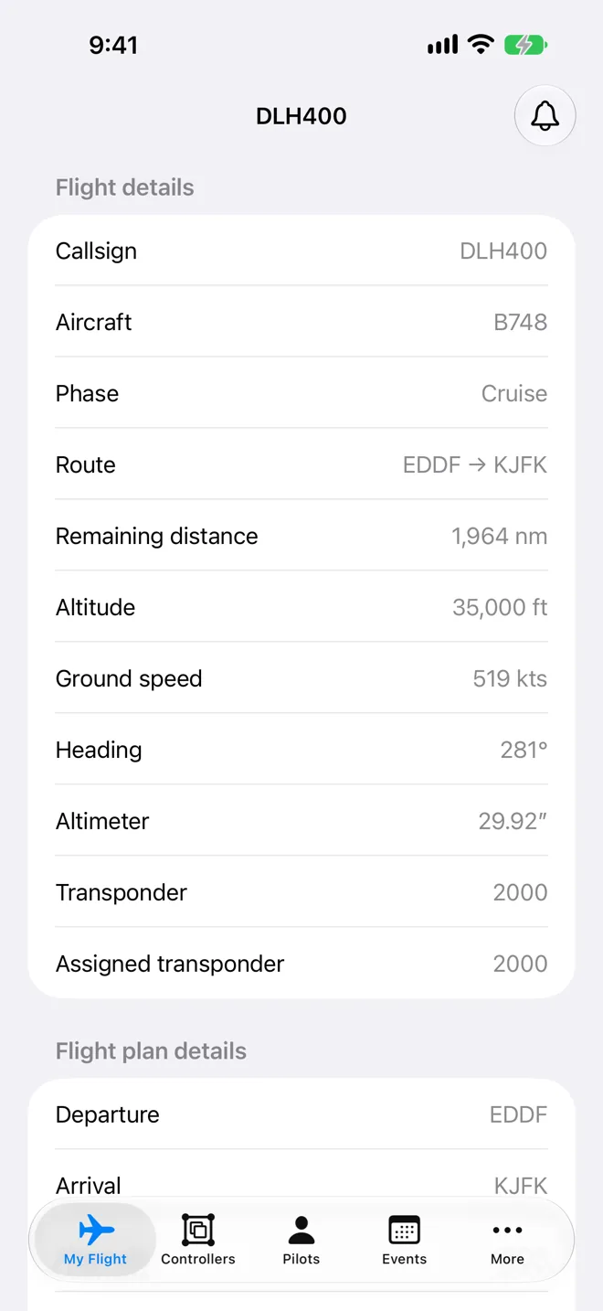 My Flight tab for callsign DLH400, a Boeing 747-8 in cruise from EDDF to KJFK, listing remaining distance, altitude, ground speed, heading, altimeter setting and transponder codes, with the flight plan details below.